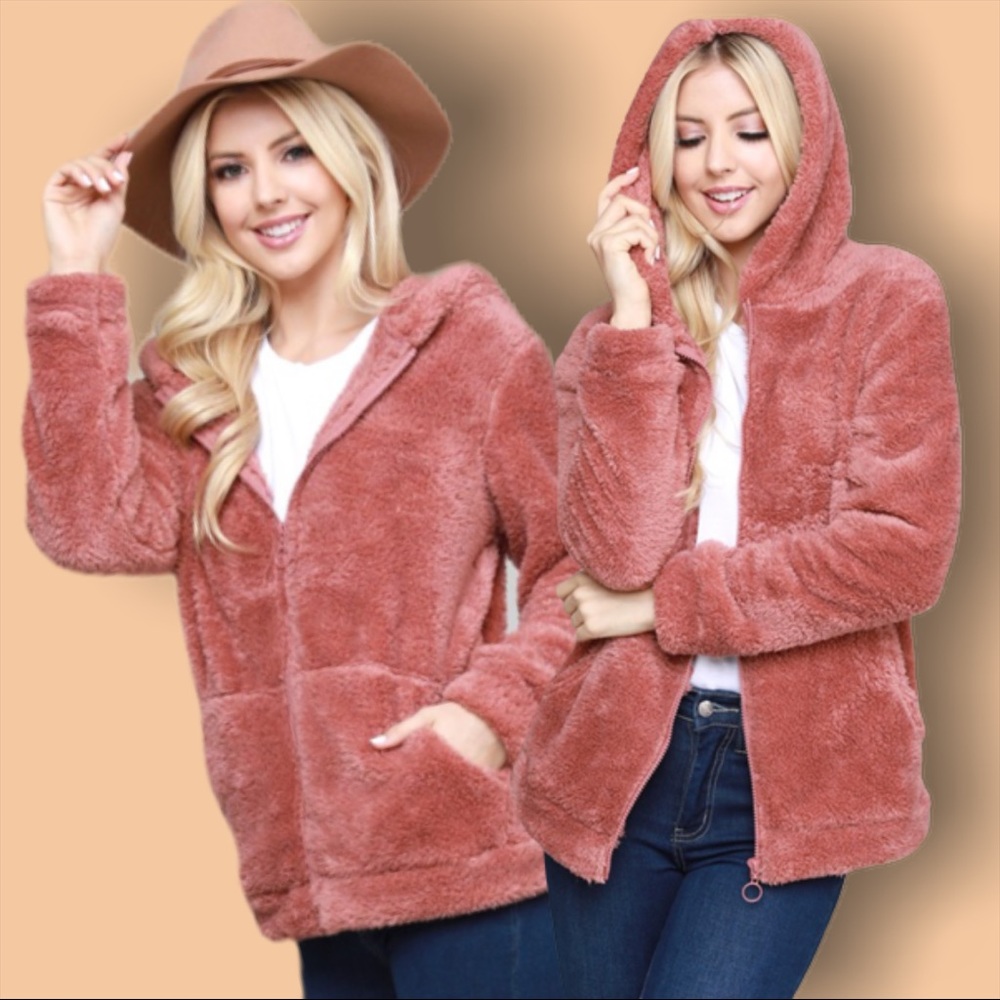 Plush Faux Fur Soft Blush Teddy Bear Zipper Jacket - Picture 4 of 9